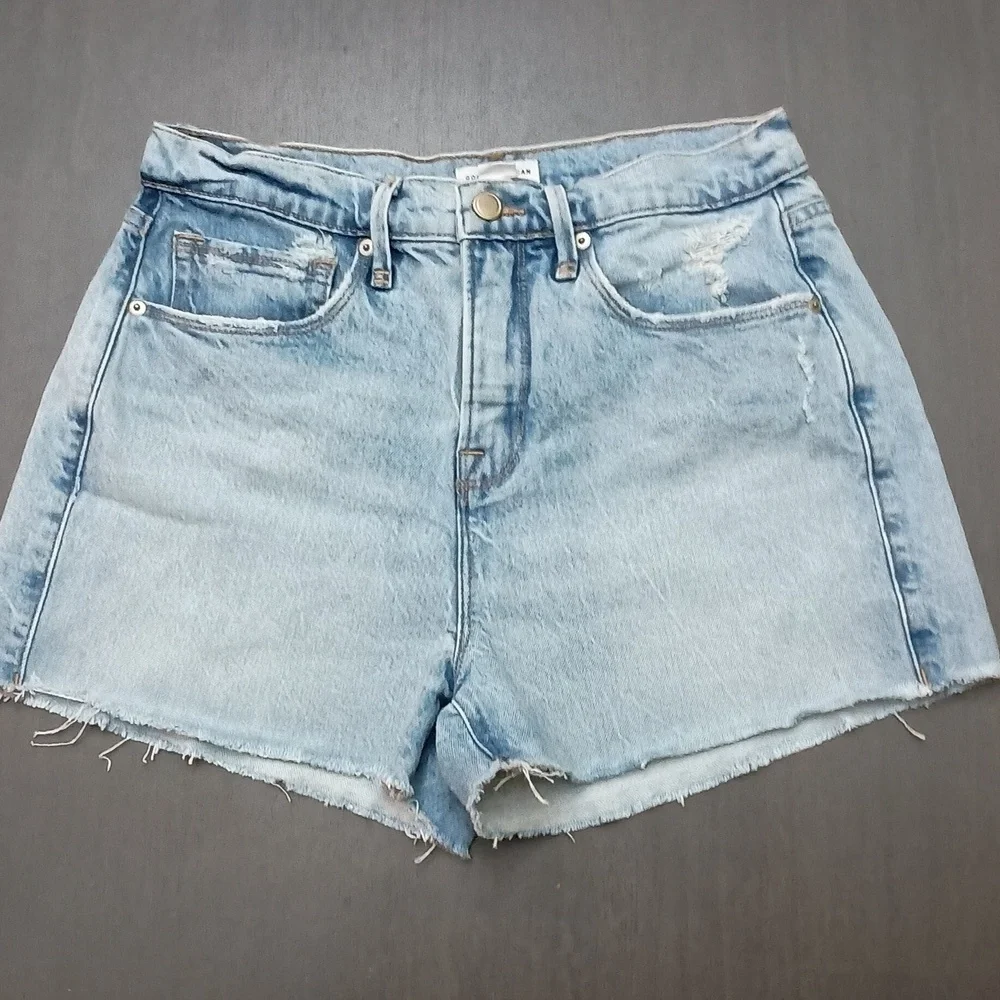 Good American Indigo Good 90's High Waist Denim Distressed Shorts